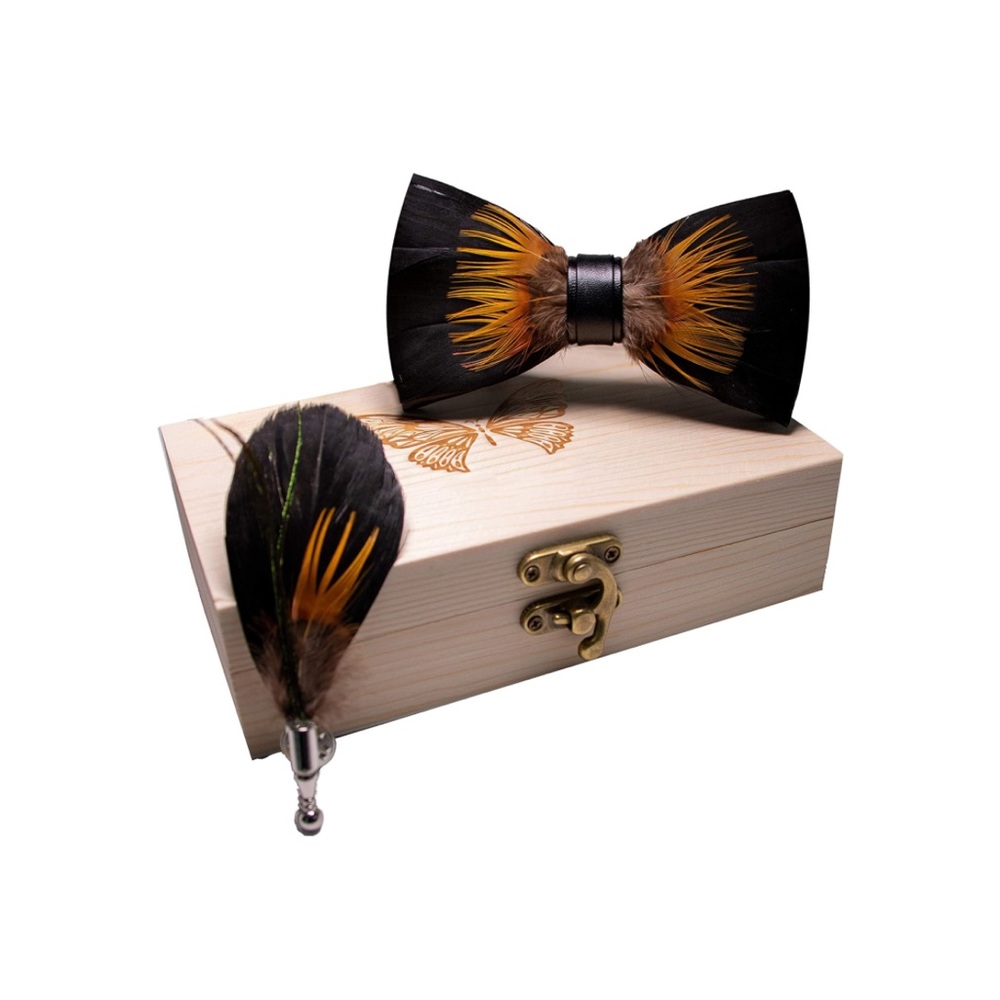 Men’s Wooden Gift Box Set Pre Tied Feather bow tie and matching lapel pin black - Picture 2 of 3